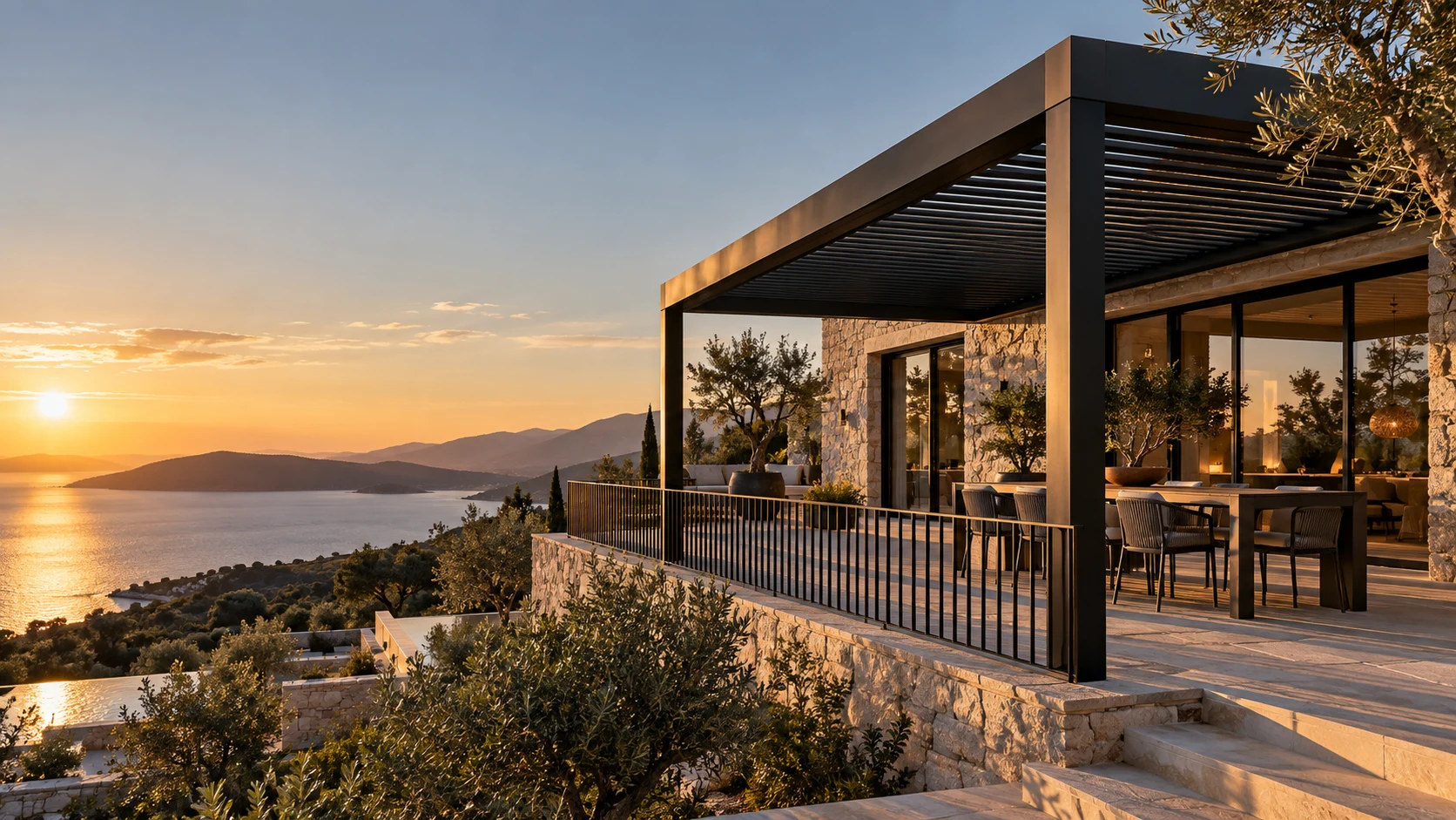 Modern bir yapıda antrasit metal sundurma ve dikey çelik korkuluk tasarım örneği